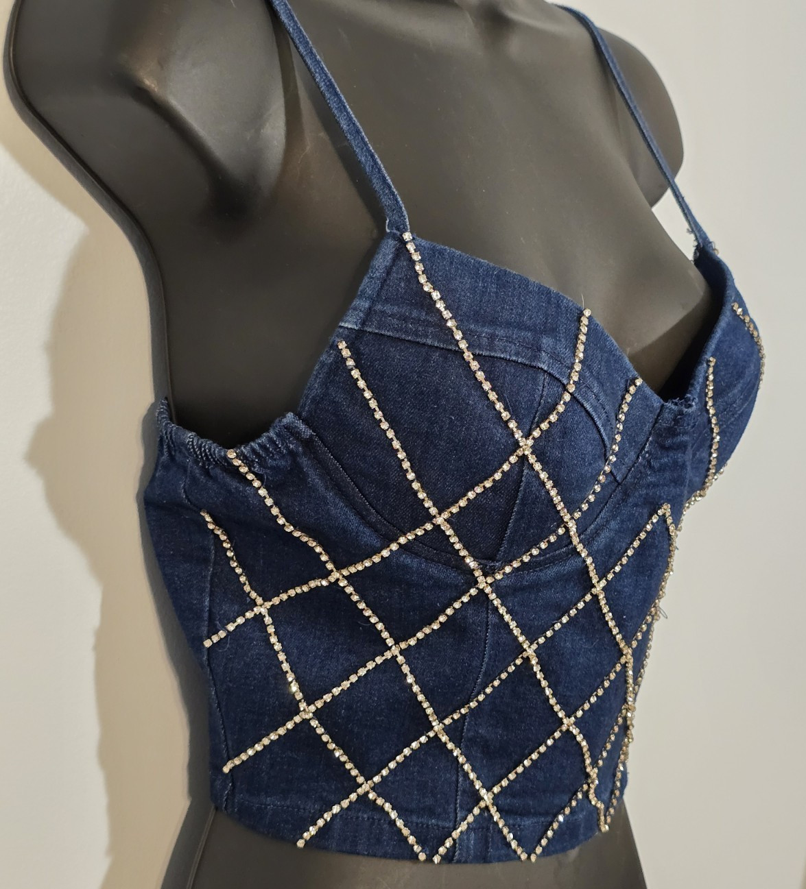 NWT Story On Women's Rhinestone Studded Denim Bustier Crop Top Size Medium Party