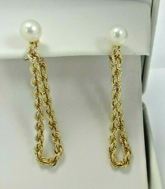 Estate 14K YG 5.7MM Pearl Rope Chain Dangle Earrings 1 5/8" Drop 5.8