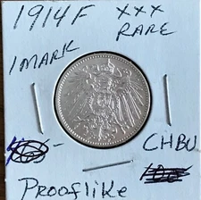 1914F German Empire  1 Mark 90% Silver Coin