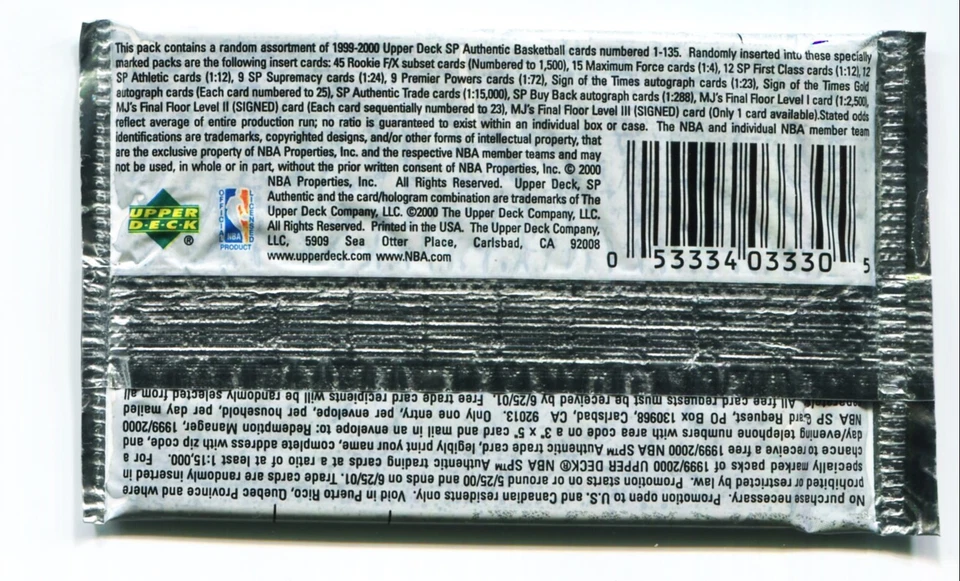1999-00 UD SP Authentic Basketball Sealed Hobby Pack, Michael Jordan, Kobe Auto? - Image 2 of 2