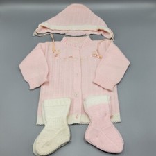Vintage 80s Baby Knit Set Sweater / Cardigan Booties Bonnet Pink White