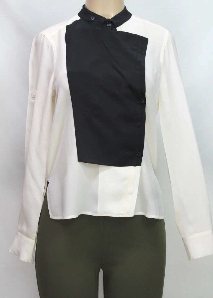 Blusa para mujer BCBG Maxazria manga larga blanca negra 100 % seda talla XS Foto 2 de 4