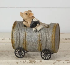 Primitive PIG and SHEEP riding in Can Resin Figurine - Rustic Farmhouse