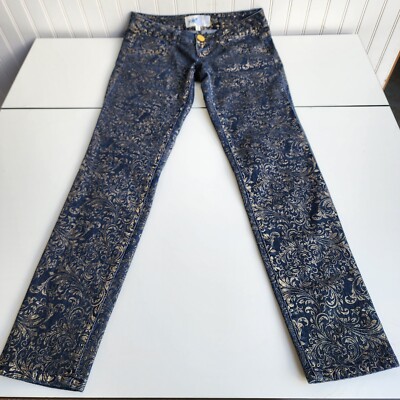 Jolt Jeans Women Juniors Sz 3 Blue Metallic Gold Print Skinny Zip Stretch 29x29