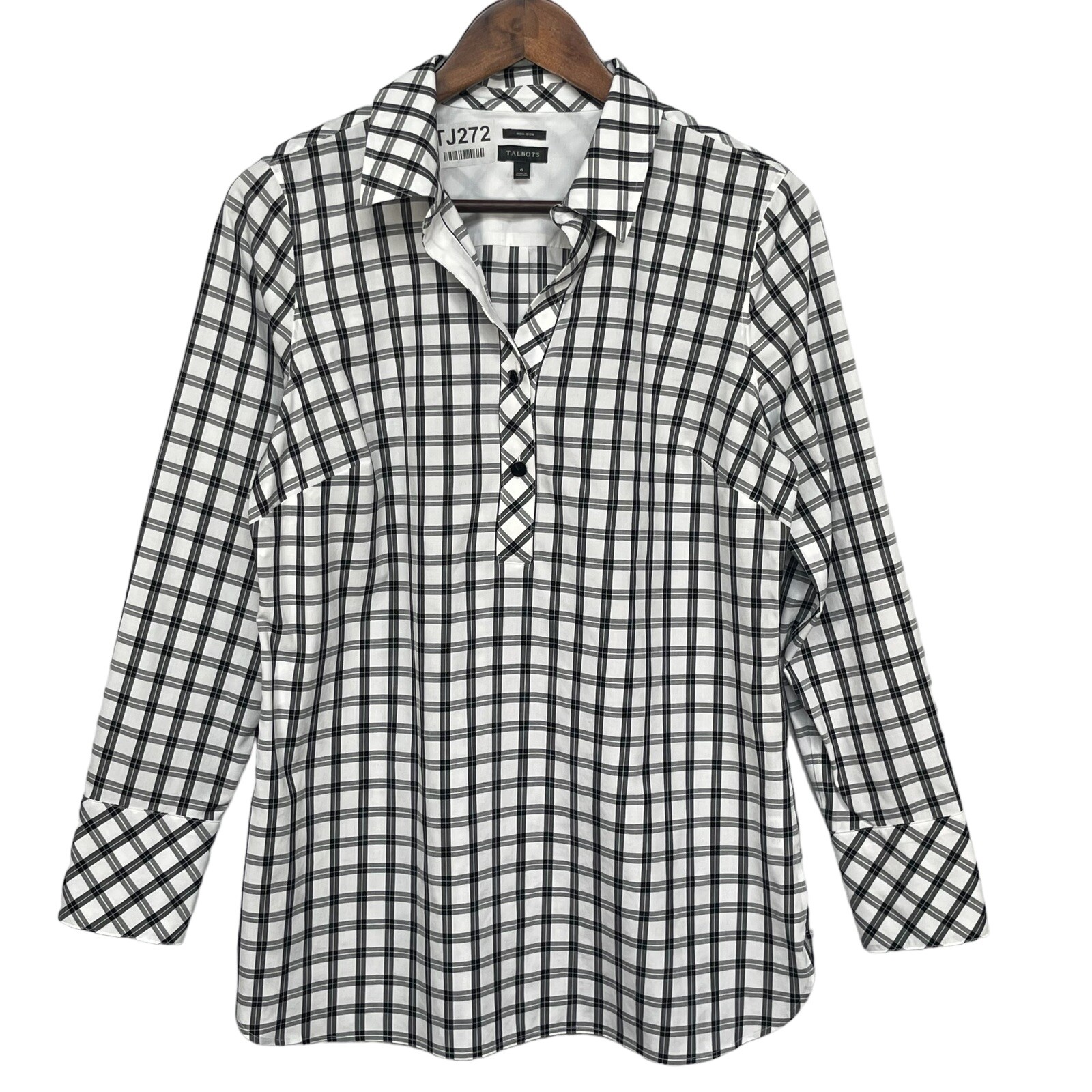 Talbots Non Iron Plaid Shirt Top for Women Size 6 White Black Stretch Sleeves