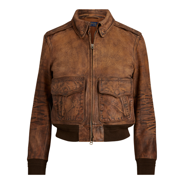 Women's Polo Ralph Lauren Distressed Painted Leather Bomber Jacket New