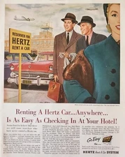 1955 Hertz Rent A Car System Easy Check In Businessmen Woman Vintage Print Ad