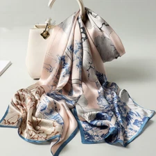100% Silk large Satin Scarf Women neckerchief Shawl Wrap Floral pink blue HD1-92