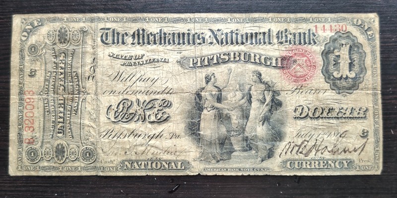 1865 $1 ORIGINAL MECHANICS NATIONAL BANK PITTSBURGH, PA CH. #700 PINHOLES WEAR