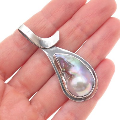 H & BJ Mackie 925 Sterling Silver Vintage Real Blister Pearl Modernist Pendant