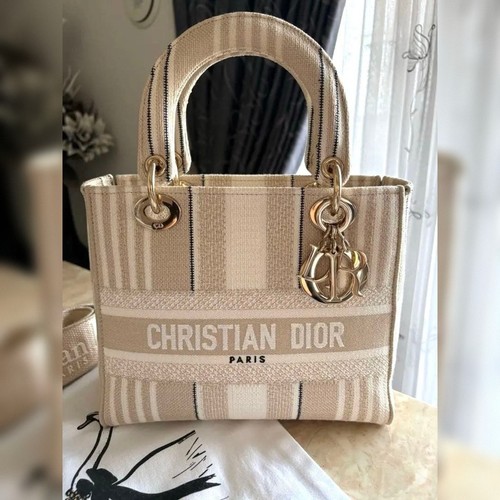 Christian Dior Lady D Lite Medium Beige Stripe Canvas 2Way Handbag Dustbag
