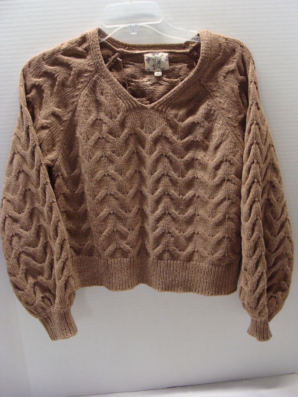 Hippie Rose Women's Knit Pullover Light Brown Cable V Neck Sweater Top Size S
