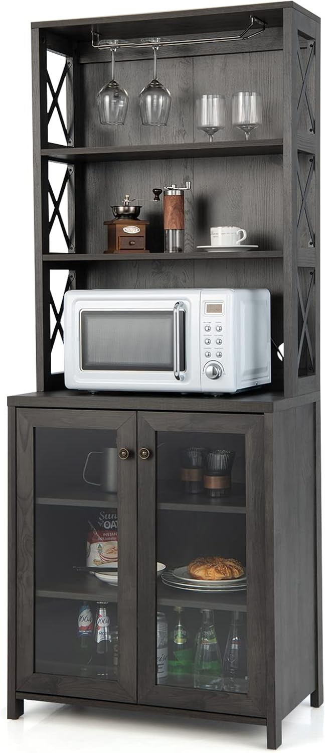 Kitchen Pantry Storage Cabinet, Farmhouse Buffet Hutch with Stemware Rack