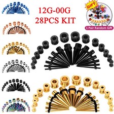 28 Pcs Ear Stretching Kit 12G-00G Surgical Steel Tapers Plugs Tunnels Gauges Set