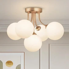 Sputnik Flush Mount Ceiling Light, Gold Chandelier with Globe White Glass Sha...