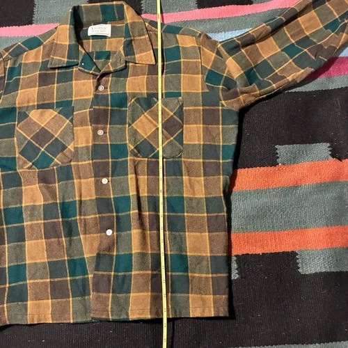 60s Long Sleeve Button Up Green Plaid Flannel Campus Wool Blend Size Large