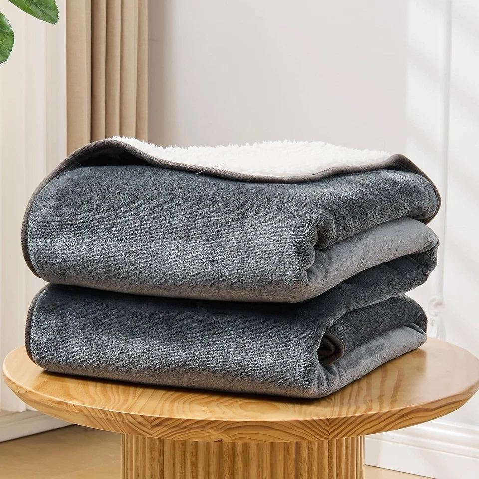 Waterproof 80x90 Sherpa Fleece Blanket Grey Reversible Washable Stain Proof - Image 4 of 4