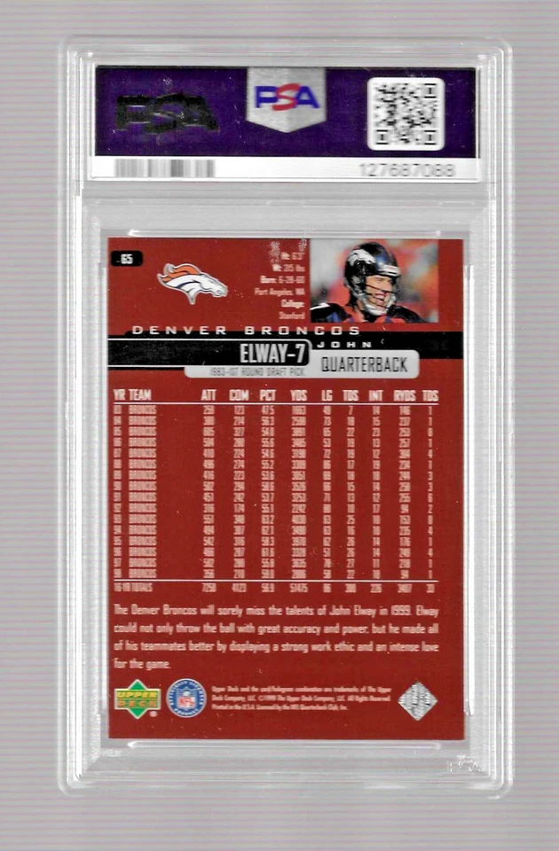 Tarjeta de fútbol americano 1999 cubierta superior #65 Hof John Elway PSA 10 Low Pop Denver Broncos Foto 4 de 4