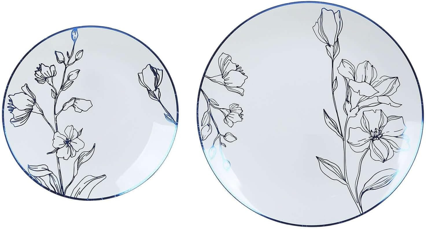 20 White Blue Round Disposable Salad Dinner Plastic Plates Gold Floral Design Pa