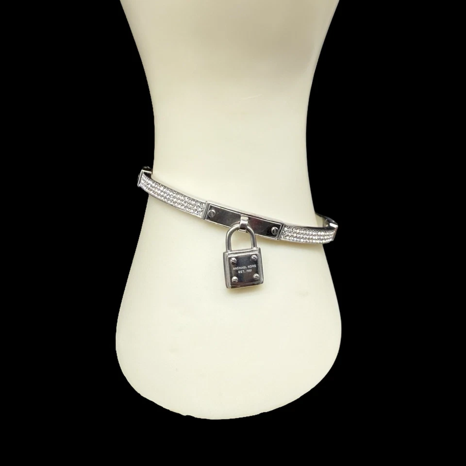MICHAEL KORS Silver Tone Hinged Pave Crystal Bangle Bracelet Lock Padlock Charm - Image 4 of 4