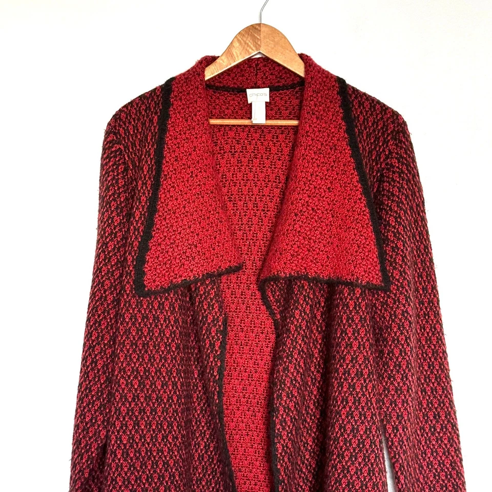 Chico's Cardigan Women's Size 3 Red Black Textured Knit Open Front Long Sleeve - Image 3 of 4