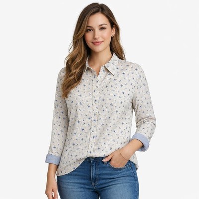 Chaps Floral Blouse Women XL Blue Tan Button Front Flip Cuff Cottagecore