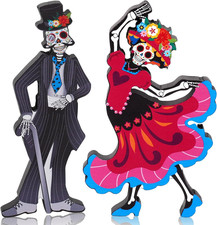 2Pcs Day of the Dead Figurines Decorations Skeleton Bride and Groom, Dia De Los