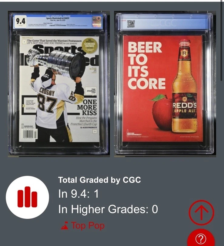 РЕДКАЯ СПОРТИВНАЯ ИЛЛЮСТРИРОВАННАЯ ОБЛОЖКА SIDNEY CROSBY 2016 ЧЕМПИОНЫ КУБКА СТЕНЛИ CGC 9.4 - Изображение 3 из 3