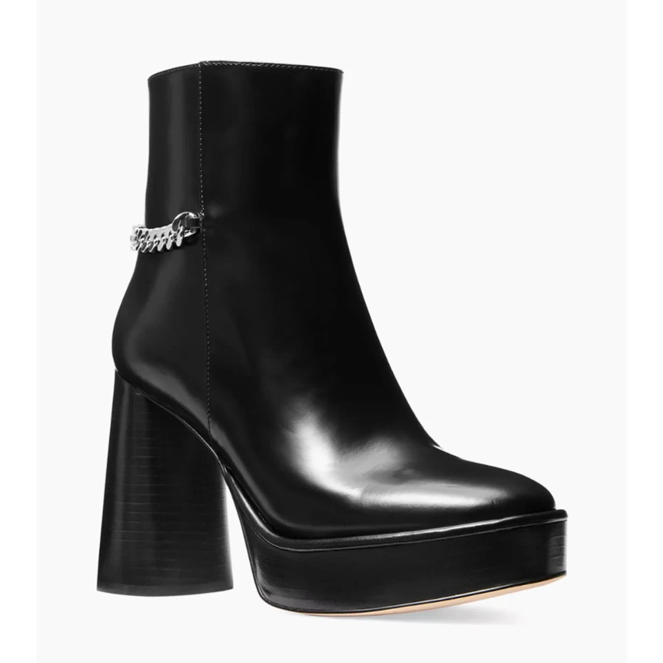Michael Kors Carlisle Platform Boots Women’s 8.5 Black Leather Silver Chain NEW - Image 4 of 4