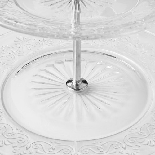 Pioneer Woman 2 Tiered Dessert Server Cassie Embossed Glass Teal or Clear U Pick - Picture 6 of 24