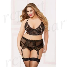 New sexy Women intimates lingerie 3 piece bra set Black 1X/2X 3X/4X 10887X