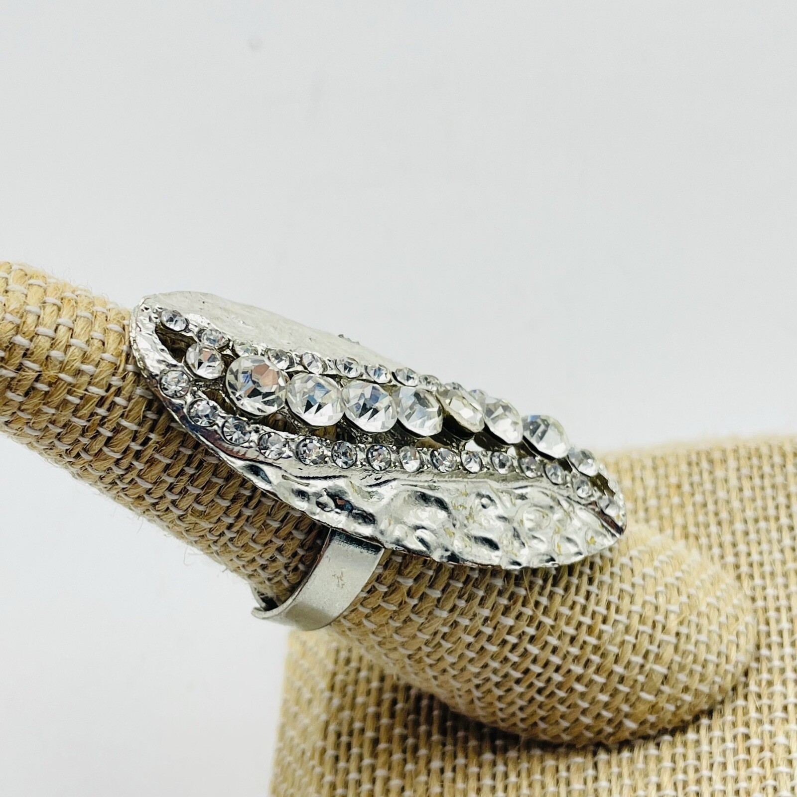 Rhinestone Studded Statement Ring Adjustable Silver Tone Glam Bling