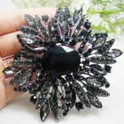 3.97" Vintage Black Flower Large Woman's Brooch Pin Rhinestone Crystal
