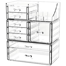3 Pack Clear Make up Organizers for Vanity,Stackable 8 Drawers Make up Organizer