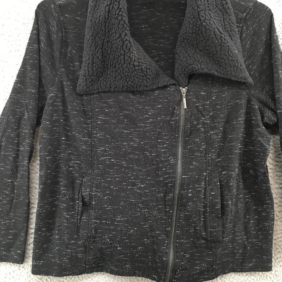 Suéter Kensie Cremallera Completa Para Mujer 2X Negro Imitación Piel de Oveja Cuello Bolsillos Informal Foto 2 de 4