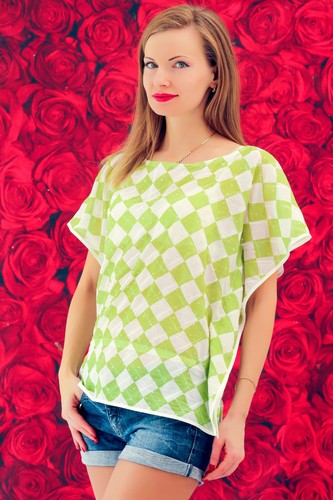 Camicia estiva Perfina verde bianco a scacchi luce casual estate elegante top - Foto 2 di 8