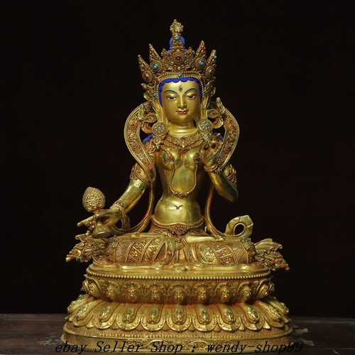Old Tibet Copper Gilt Painting 7 eyes White Tara Guanyin Kwanyin Buddha Statue - Picture 7 of 9