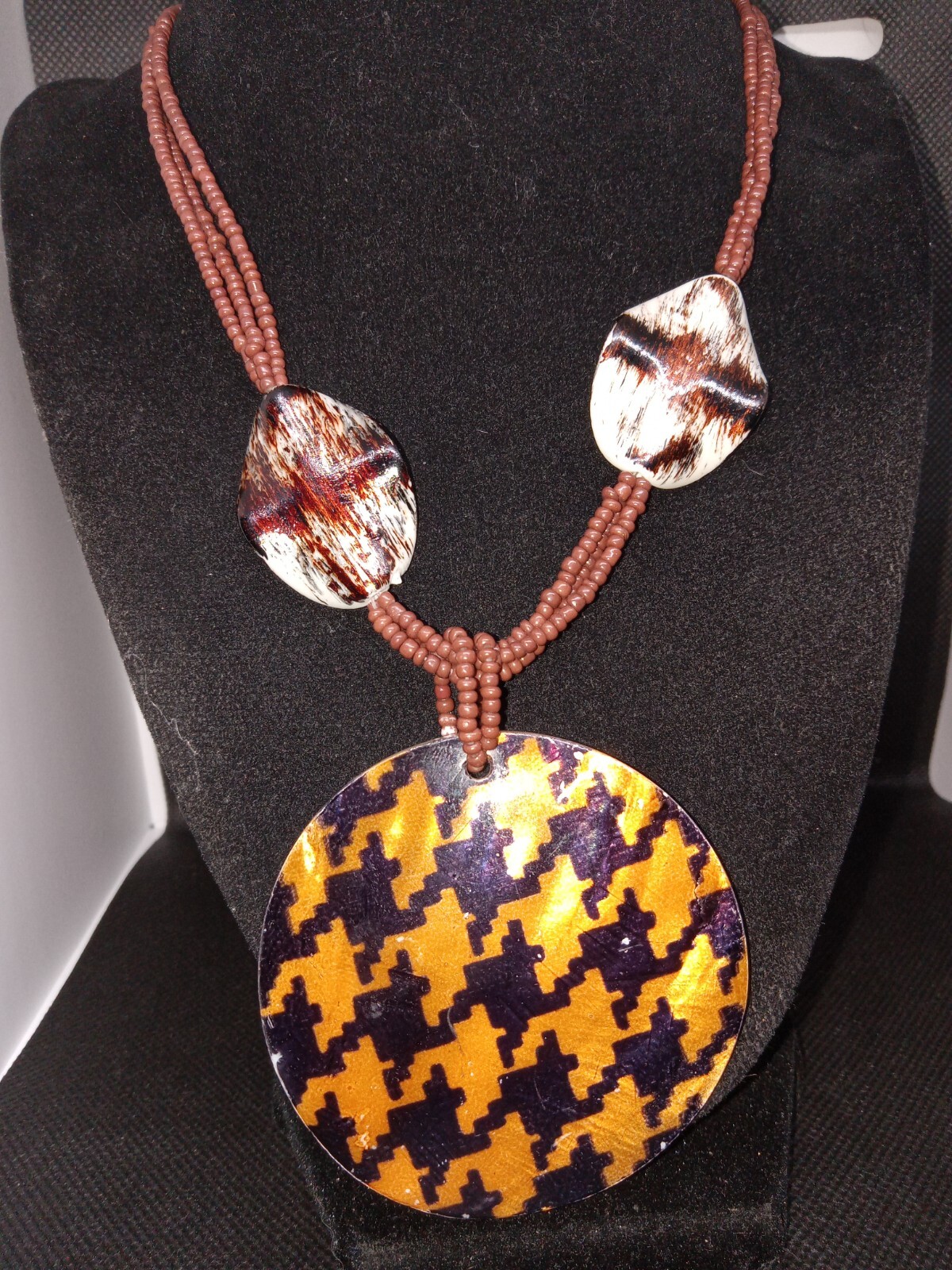 Brown Beaded Statement Necklace With Shell Pendent - image 1