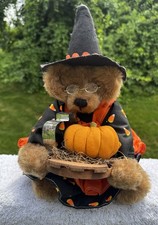 VTG 1992 Signed Artist Made Halloween Witch Bear Plush 14" Pumpkin Basket