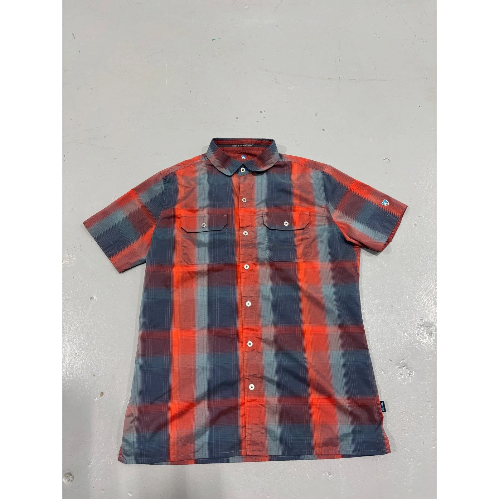 Kuhl Mens Small Short Sleeve Button Down Shirt Red Blue Plaid Hiking Outdoor