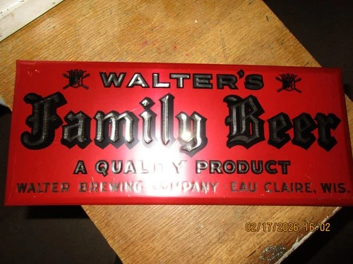Vintage 1930s Walter's Family Beer Tin Over Cardboard Sign Eau Claire Wisconsin