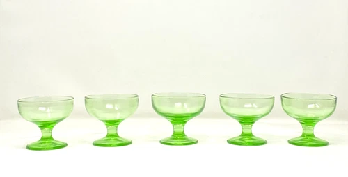 Set of 5 Vintage Green Depression Uranium Vaseline Glass Dessert/Fruit Dishes