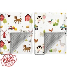 2 Pack Farm Animal Baby Blankets Unisex Soft Nursery Double Layer Minky Blank...