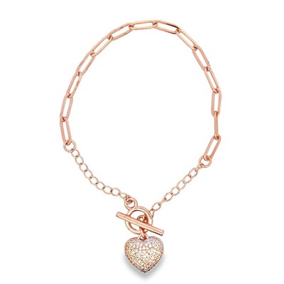 Paper Clip Chain Bracelet With A Heart Clear Micro CZ Stones (I126)