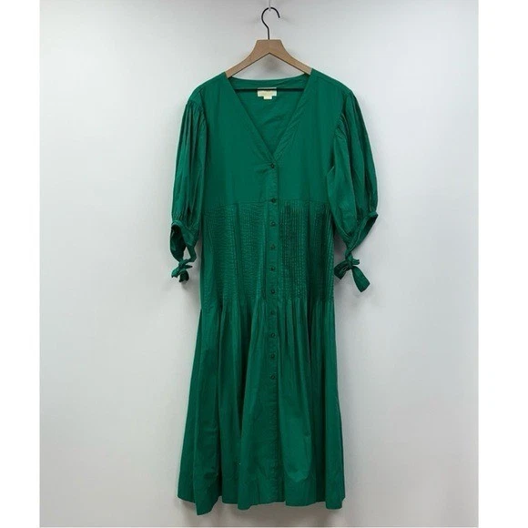 Anthropologie Maeve Pintuck Tie-Sleeve V-Neck Drop Waist Midi Dress Green Medium - Image 4 of 4