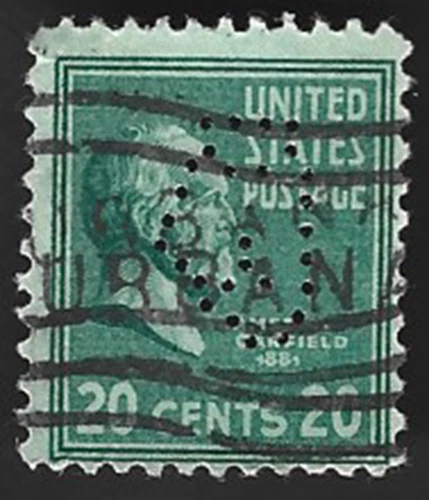 Scott# 825 20c JAMES GARFIELD with perfins & a Wavy Machine Cancel (B-6)