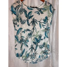 Tahari Women's White Blue Green Floral Linen Cap Sleeve Tunic Top Shirt Size M