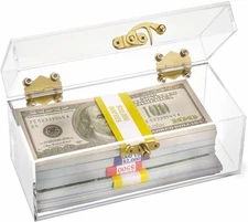 Clear Acrylic Lockable Cash Box with 30 Currency Wrappers, Acrylic Money Storage