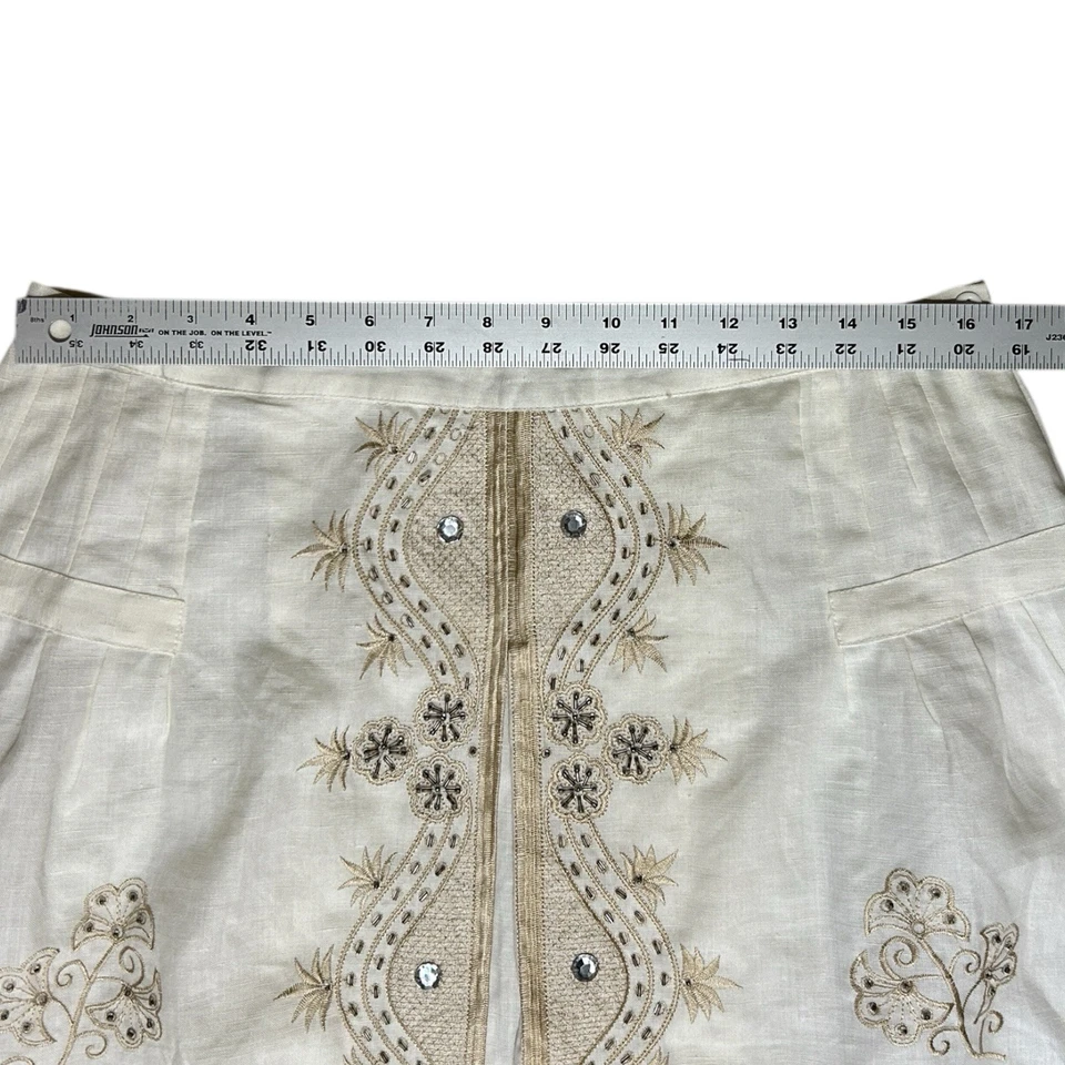 ANNE CARSON Womens Skirt Ivory Linen Beige Embroidery  Beaded Knee Length sz 14 - Image 4 of 4