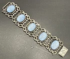 Sterling Silver Danecraft Signed Blue Moonstone Glass Wide Bracelet 7.5” J93